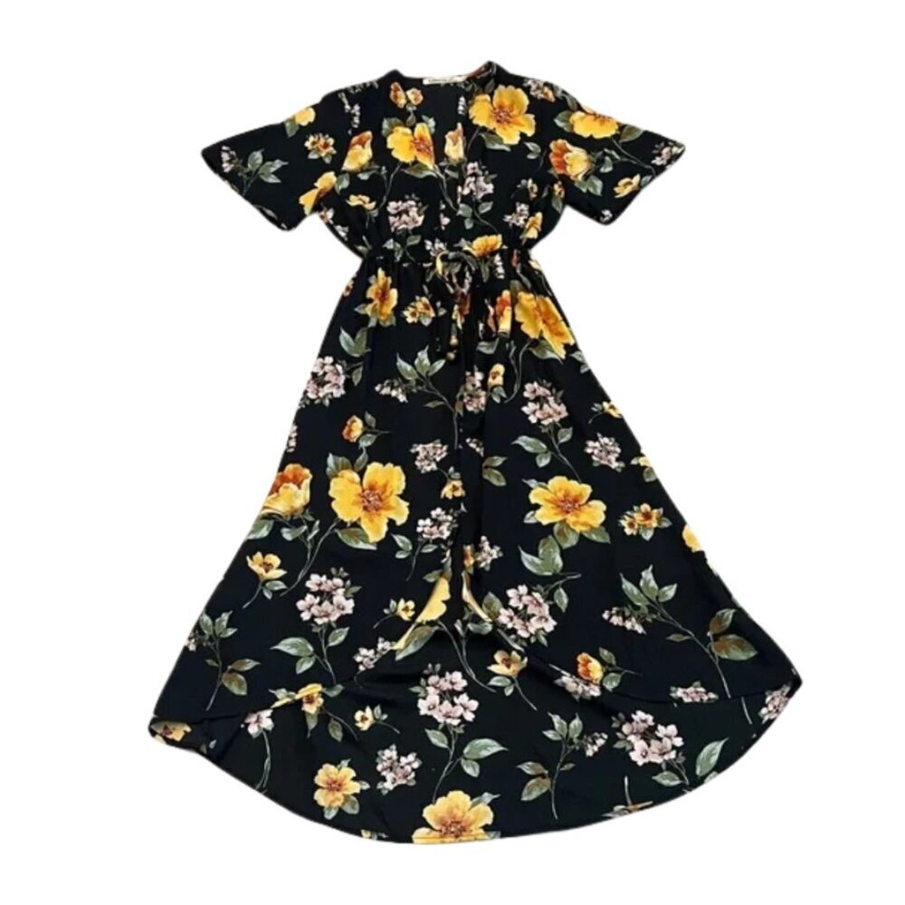 Liberty Love Black and Yellow Floral Kimono Coverup Robe Dress with Tie - Size M